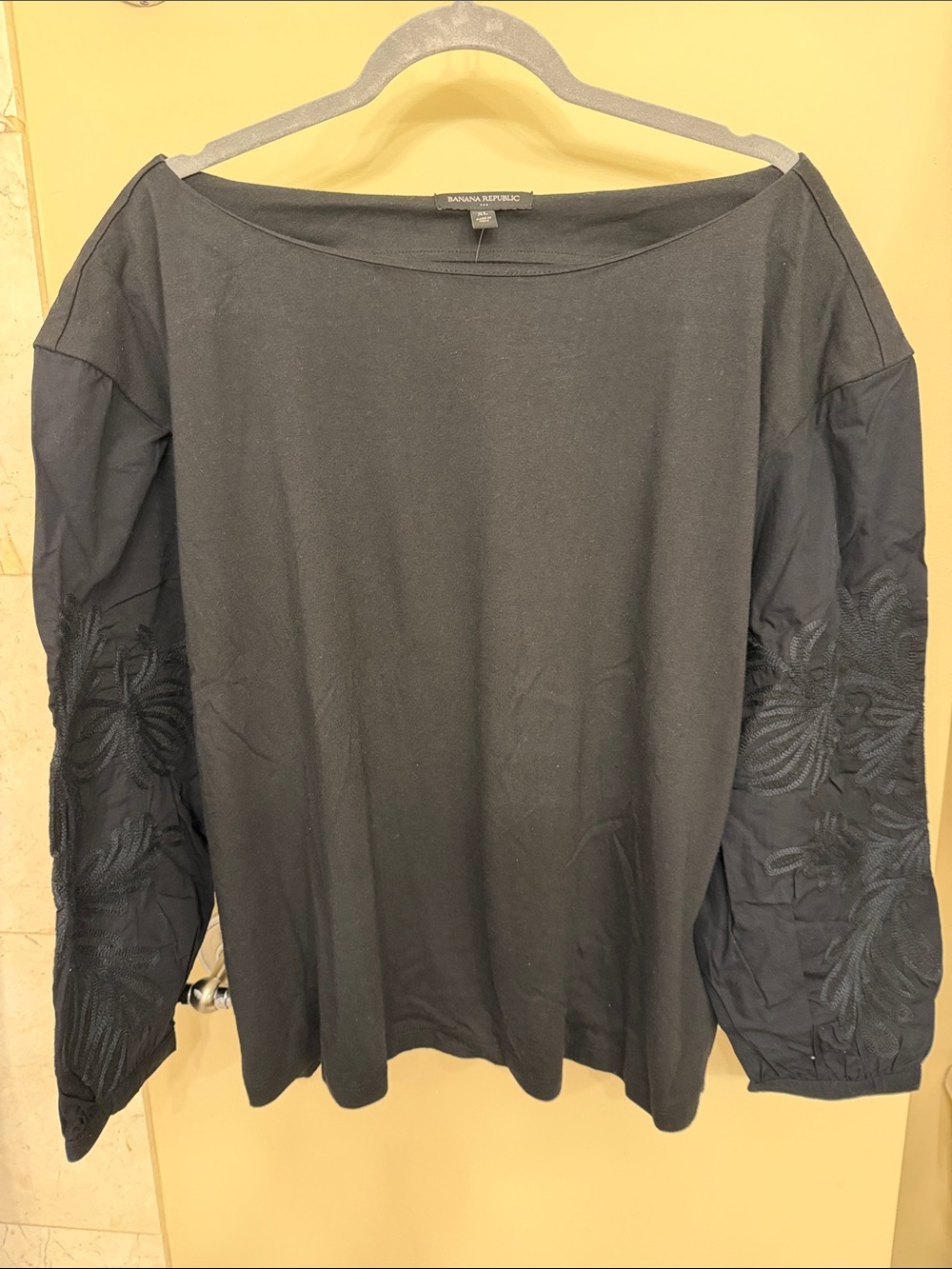 Banana Republic Black Long Sleeve Boatneck Top with Floral Embroidered Sleeves
